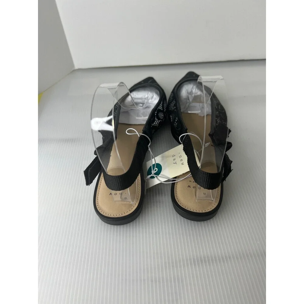 A New Day Womens Black Lace Slingback Flats Pointed Toe Bow Detail‎ Size 9 NWT